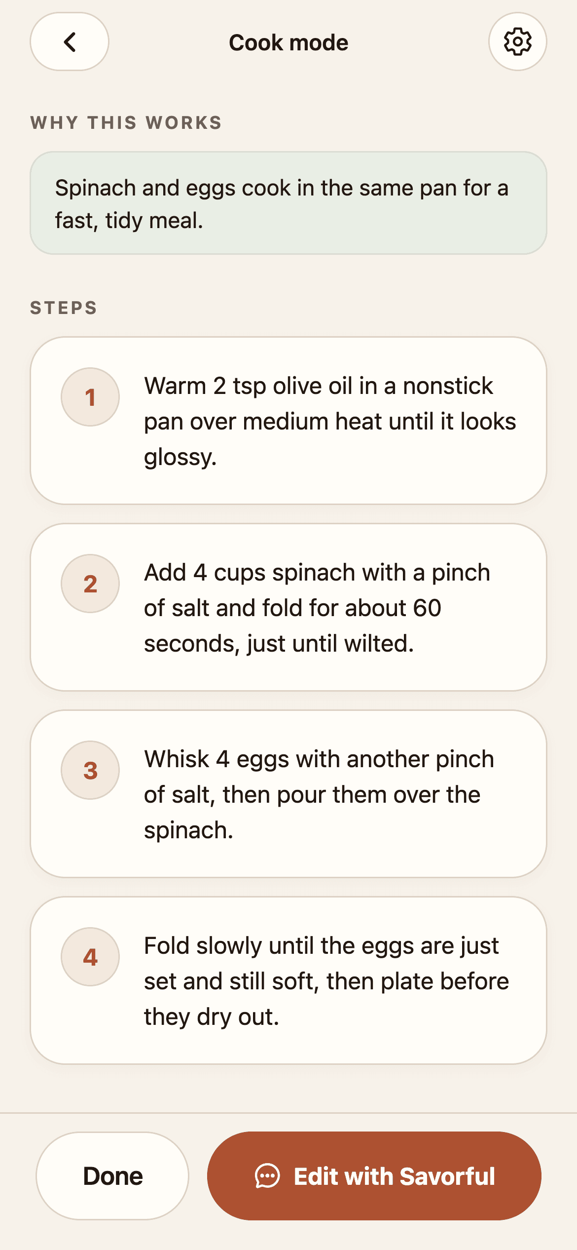 Savorful cooking view with recipe steps and the Edit with Savorful cooking assistant