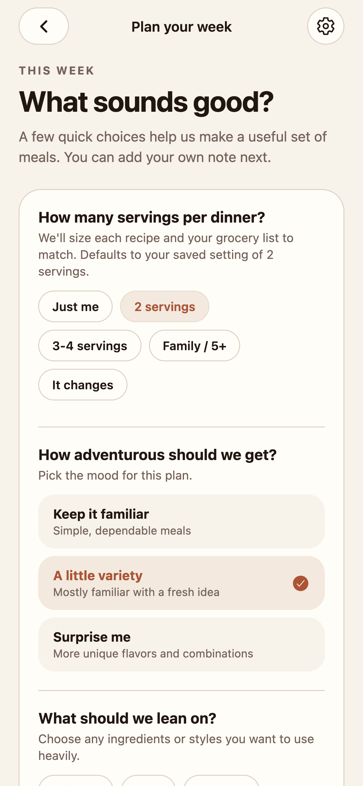 Savorful weekly planner with serving sizes, meal preferences, and ingredient choices