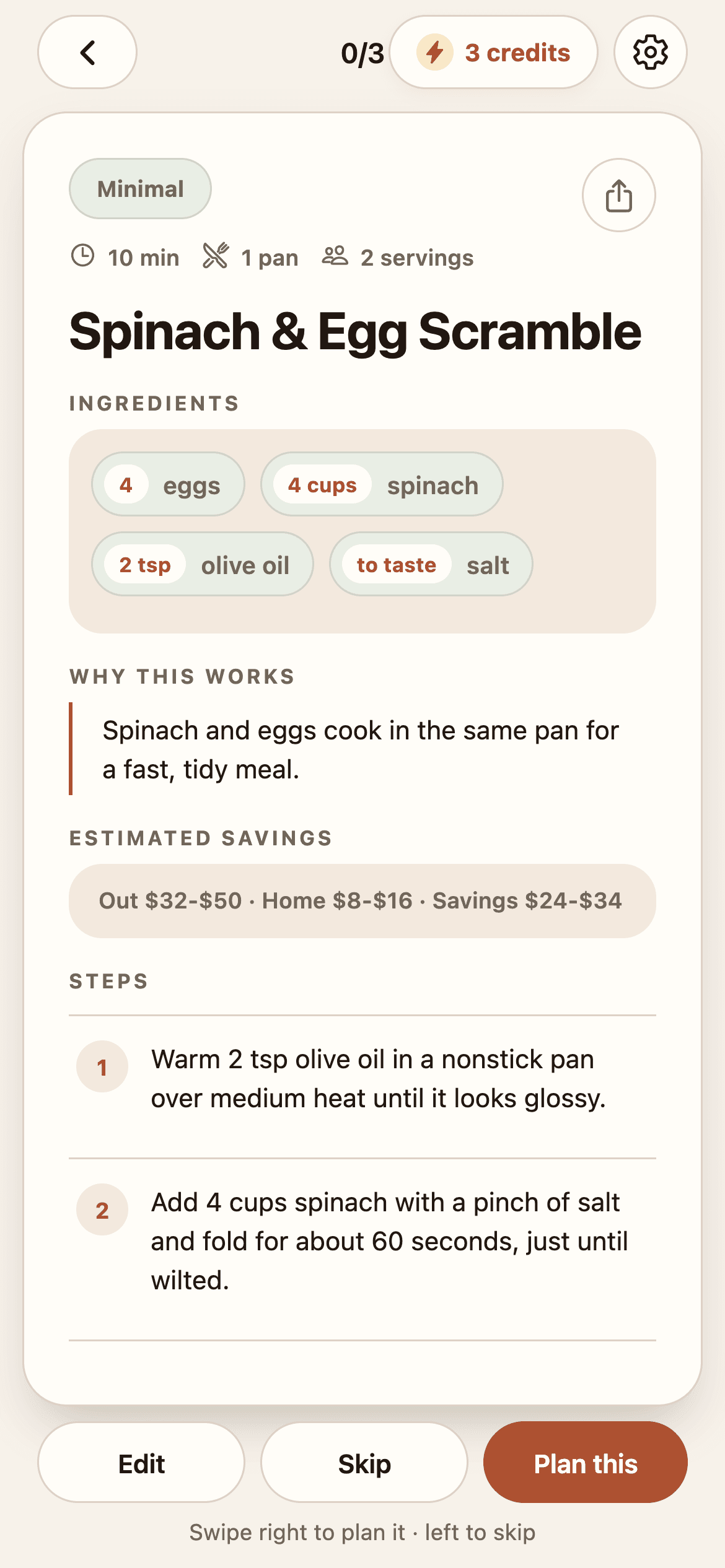 Savorful swipeable recipe card with ingredients, cook time, and a plan button